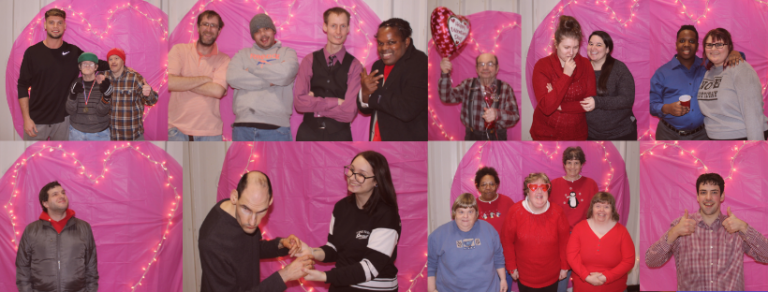 Group of images of people standing in front of a light up heart