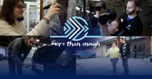 collage of four images: one women pulling a book from a bookcase, one person lifting weights, one person putting license plate cover on a car, and two people walking and holding hands. More than Enough AIM logo over top.